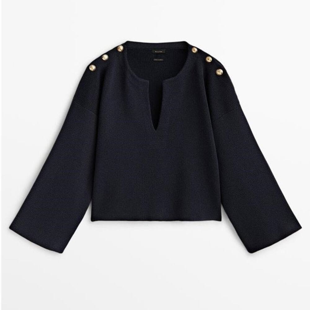 MASSIMO DUTTI Women's Knit Sweater With Button Detail Size S In Dunkelmarine